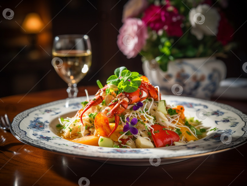 Скачать Салат из лобстера, приготовленный из мяса лобстера, приготовленного на гриле, овощей и заправки из оливкового масла, украшенный съедобными цветами. Ресторанное блюдо из лобстера. Салат из крабового мяса крупным планом. Концепция морепродуктов фотосток Ozero