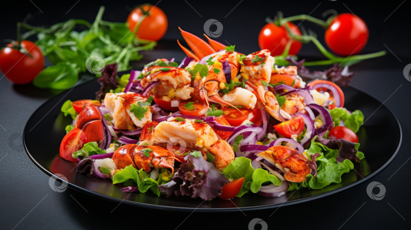 Скачать Салат из лобстера со свежим салатом, помидорами черри, листьями салата-латука и красным луком подается в темной тарелке на темном фоне. Салат из крабового мяса крупным планом. Концепция морепродуктов фотосток Ozero