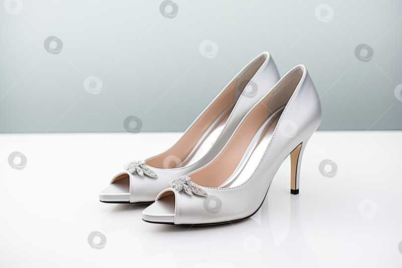 Скачать Простые, сдержанные и элегантные свадебные туфли на белом фоне. Генеративный искусственный интеллект. фотосток Ozero