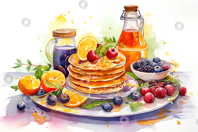 Скачать Завтрак: блины с медом, ягодами и фруктами фотосток Ozero