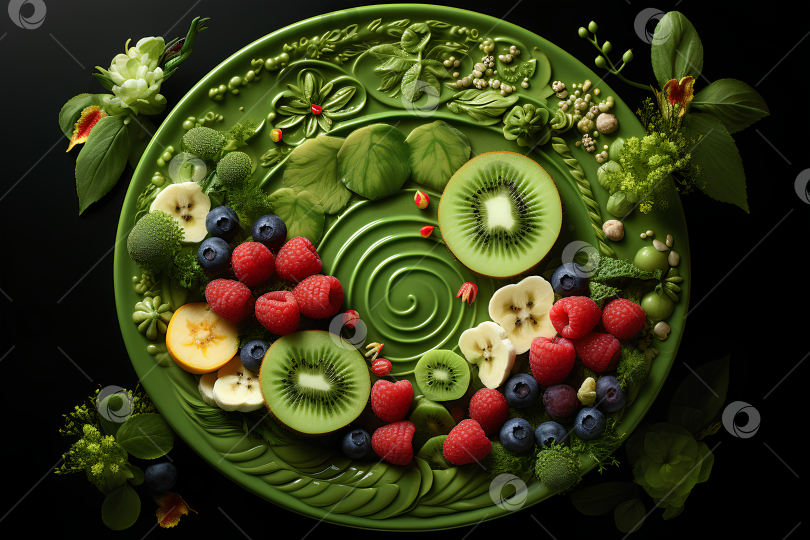 Скачать Резаные фрукты и ягоды на зелёной декоративной тарелке фотосток Ozero