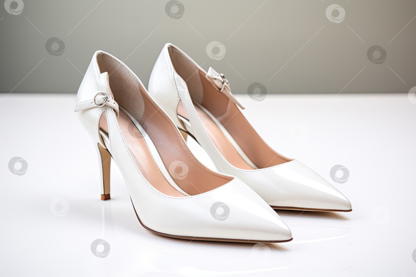 Скачать Простые, сдержанные и элегантные свадебные туфли на белом фоне. Генеративный искусственный интеллект. фотосток Ozero