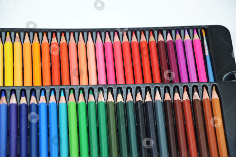 Скачать Набор цветных карандашей в палитре, лежащих в ряд. Красивая цветовая гамма. Инструменты для творчества, рисования, школы, обучения фотосток Ozero