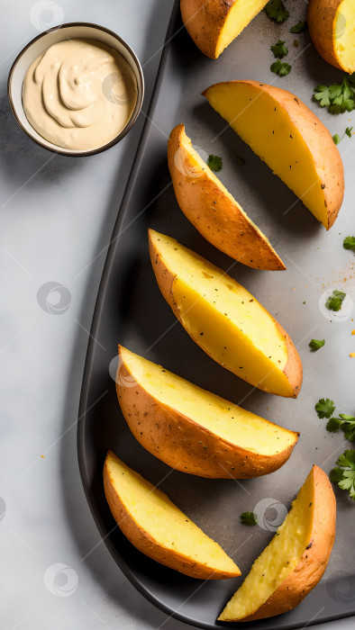 Скачать запеченные картофельные дольки с соусом на светлом фоне фотосток Ozero