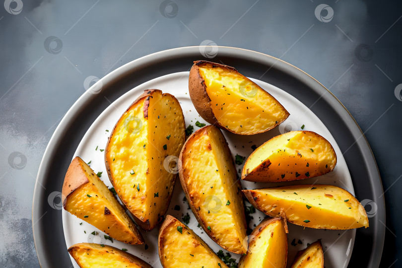 Скачать запеченные картофельные дольки на тарелке фотосток Ozero
