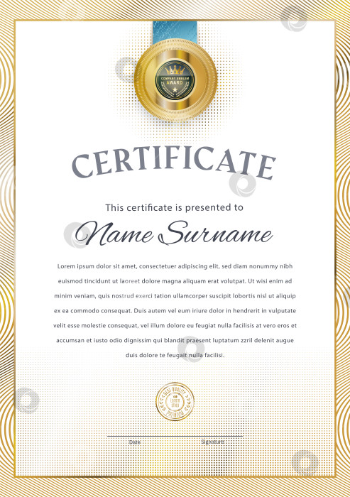 Скачать Официальный белый сертификат с винтажной современной золотой каймой и золотой эмблемой. Деловой современный дизайн. фотосток Ozero