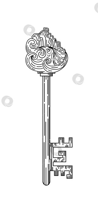 Скачать Винтажный ключ с пейзажем морских волн и утеса, фьорда. В стиле гравюры. Бохо-шик. магия, колдовство, мистицизм. Для логотипов, плакатов, открыток, баннеров, татуировок. фотосток Ozero