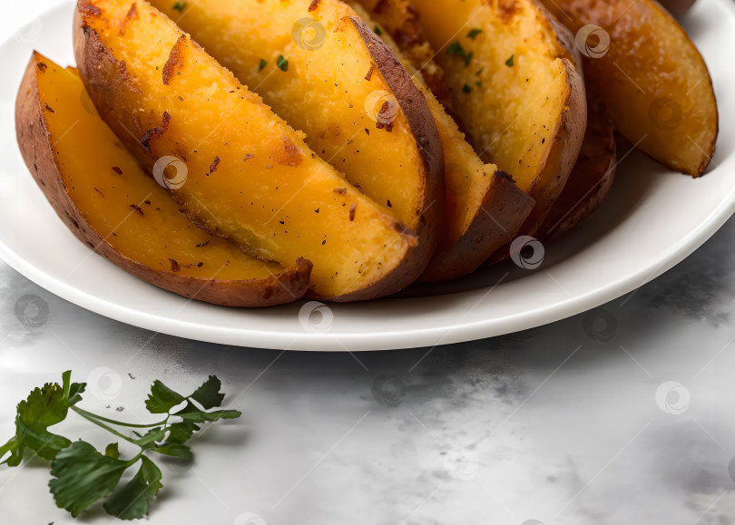 Скачать ломтики печеного картофеля с зеленью на белой тарелке фотосток Ozero