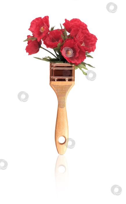 Скачать Концептуальная композиция с кистью и красным цветком, выделенными на белом фоне фотосток Ozero