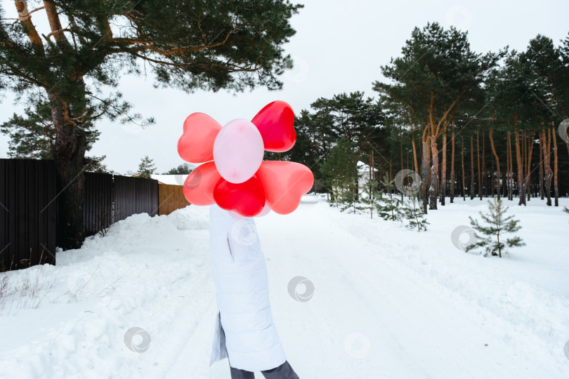 Скачать Счастливая женщина без лица с воздушными шарами в форме сердца на открытом воздухе зимой со снегом. День святого Валентина, любовь и увлечение, подарок от парня, признание в любви, образ жизни фотосток Ozero
