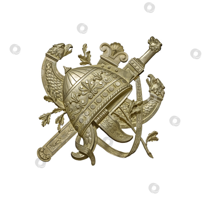 Скачать Золотой декоративный элемент интерьера с изображением шлема из древнегреческого мифа. Элемент выделен на белом фоне. Элемент дизайна с контуром отсечения фотосток Ozero