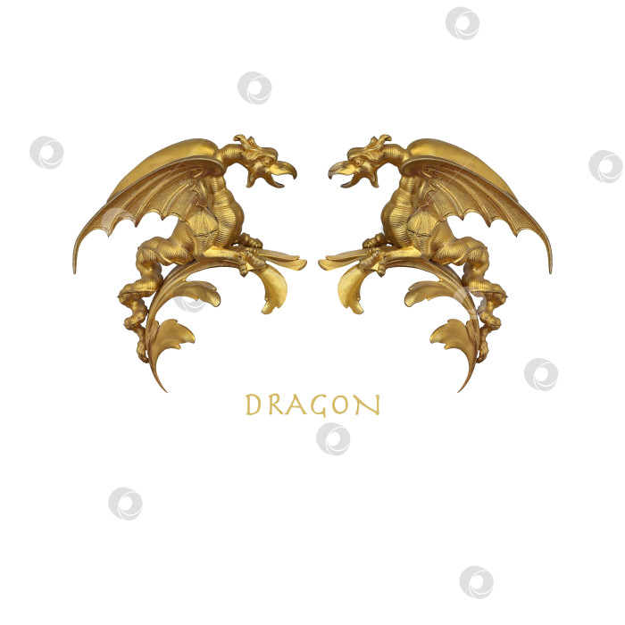 Скачать Макет плаката с золотыми декоративными драконами, выделенными на белом фоне. Элемент дизайна с контуром отсечения фотосток Ozero