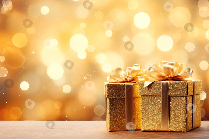 Скачать Рождественские золотые подарочные коробки на блестящем фоне. Рождественская поздравительная открытка. Генеративный искусственный интеллект. фотосток Ozero