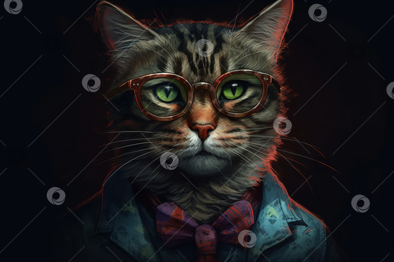 Скачать Умный стильный кот в очках и куртке, элегантная иллюстрация искусственного интеллекта для создания домашних животных фотосток Ozero
