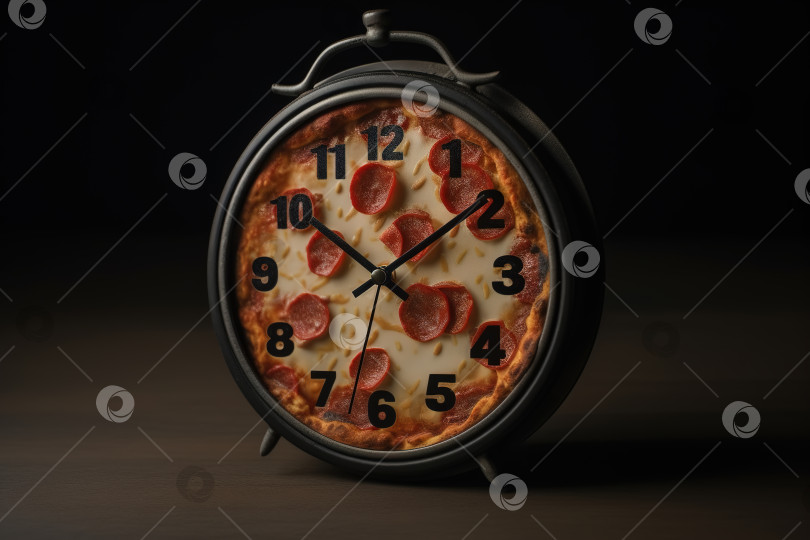 Скачать Креативная концепция "Время приема пищи" - пицца в форме будильника. Порождающий искусственный интеллект фотосток Ozero