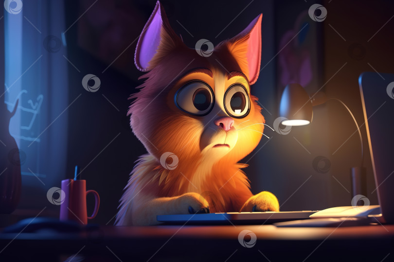 Скачать Обеспокоенный кот-программист, работающий ночью за ноутбуком. Иллюстрация забавного рыжего питомца, испуганно и удивленно смотрящего на монитор компьютера внутри комнаты. Порождающий искусственный интеллект фотосток Ozero