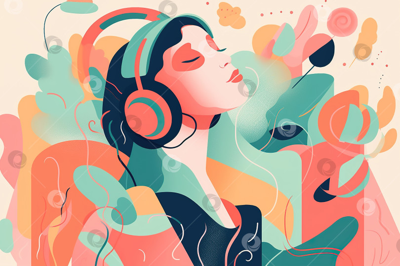 Скачать Абстрактное понятие музыкальной терапии. Женщина в наушниках слушает звуки природы, музыки и психологии плоская иллюстрация. Порождающий искусственный интеллект фотосток Ozero