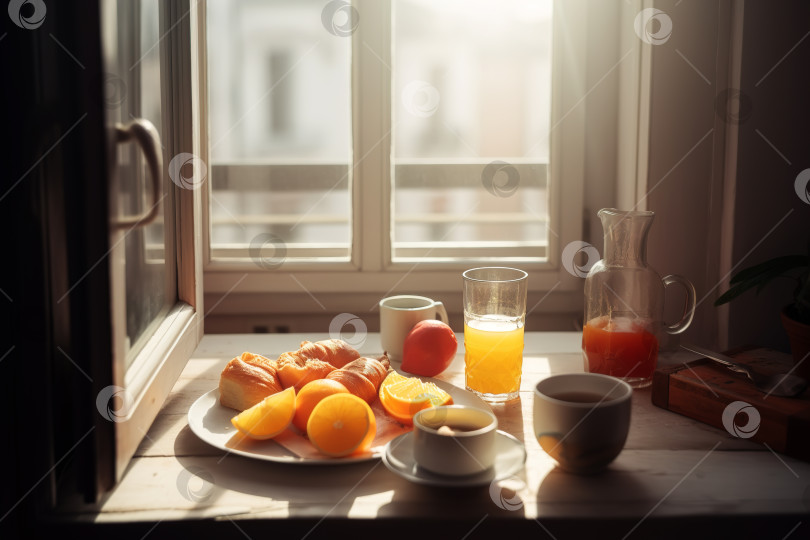 Скачать Завтрак солнечным утром. Свежие круассаны и фрукты, сок и кофе на деревянном столе в деревенском стиле у окна в помещении. Порождающий искусственный интеллект фотосток Ozero