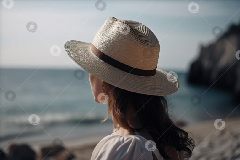 Скачать Красивая кавказская беззаботная молодая красивая женщина в летнем платье и соломенной шляпе наслаждается морем, стоя на пляже, вид сзади. Порождающий искусственный интеллект фотосток Ozero