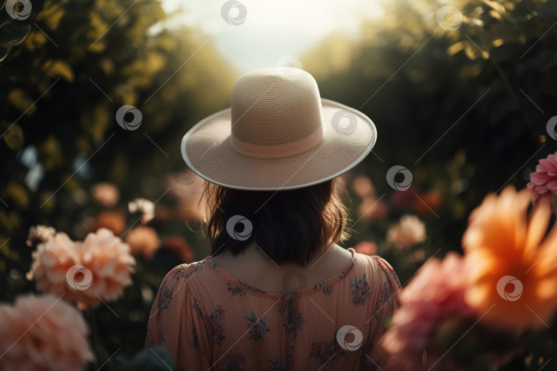 Скачать Чувственная молодая красивая женщина в летнем платье и соломенной шляпе, стоящая в цветочном саду на рассвете, вид сзади. Порождающий искусственный интеллект фотосток Ozero