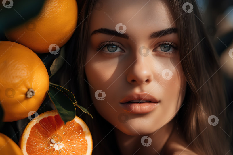 Скачать Красивая чувственная кавказская молодая женщина и апельсиновое дерево с плодами. Портрет симпатичной модели в цитрусовом саду в солнечный день, смотрящей в камеру. Концепция экологического ухода за кожей и волосами. Порождающий искусственный интеллект фотосток Ozero