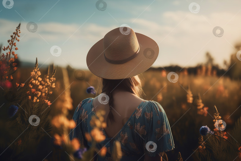 Скачать Вид со спины молодой красивой женщины в летнем платье и соломенной шляпе, стоящей в поле на закате. Порождающий искусственный интеллект фотосток Ozero