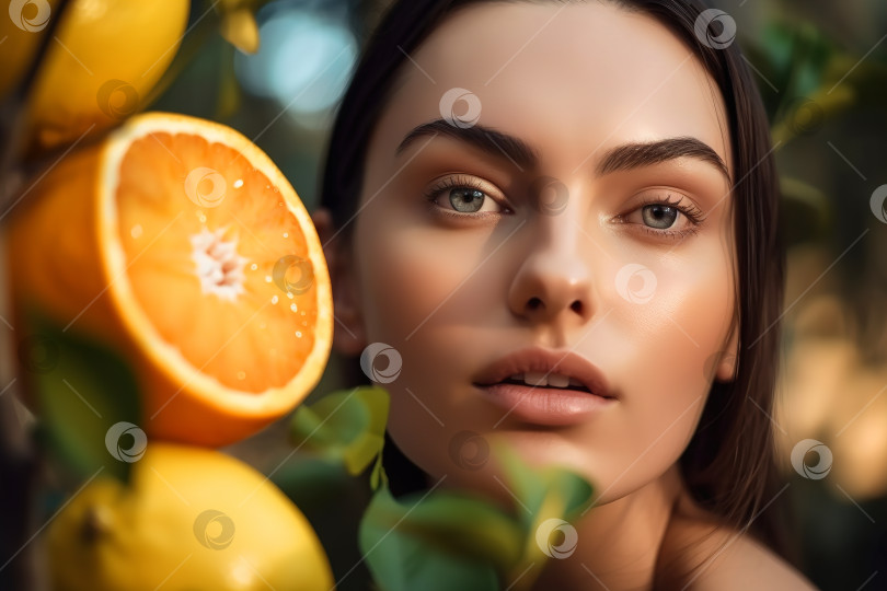 Скачать Сексуальная чувственная кавказская модель и апельсиновое дерево с фруктами, концепция эко-ухода за кожей и волосами. Портрет симпатичной женщины в цитрусовом саду, смотрящей в камеру в солнечный день. Порождающий искусственный интеллект фотосток Ozero