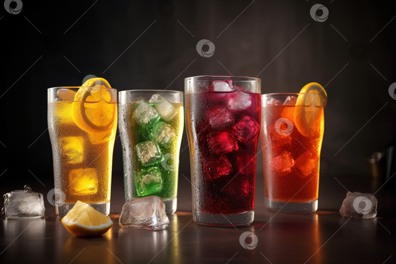 Скачать Набор фруктовых диетических освежающих напитков в бокале со льдом. Детоксикационный лимонад или коктейль. Порождающий искусственный интеллект фотосток Ozero