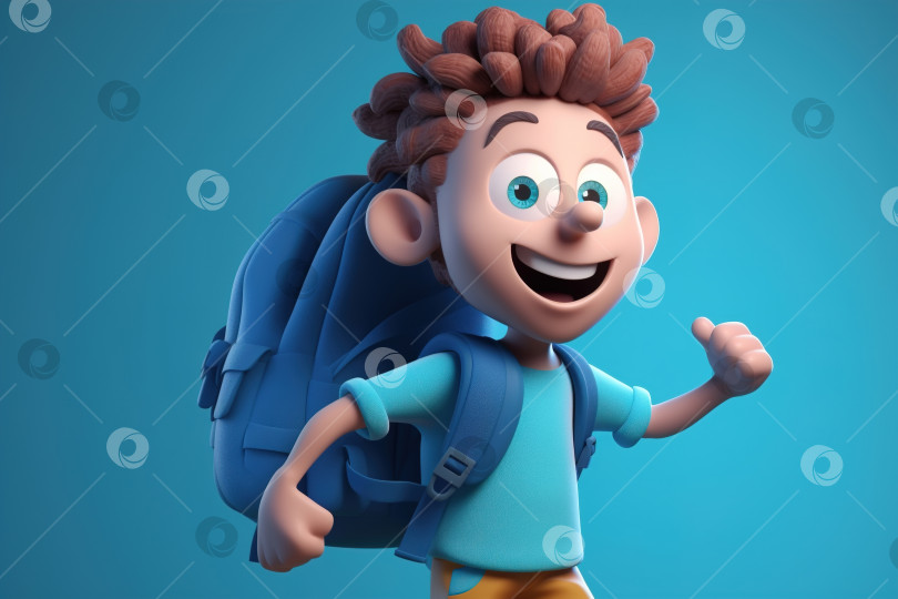 Скачать Портрет веселого симпатичного школьника с рюкзаком, бегущего на синем фоне. Концепция счастливого кавказского мальчика, возвращающегося в школу. Иллюстрация генеративного искусственного интеллекта фотосток Ozero