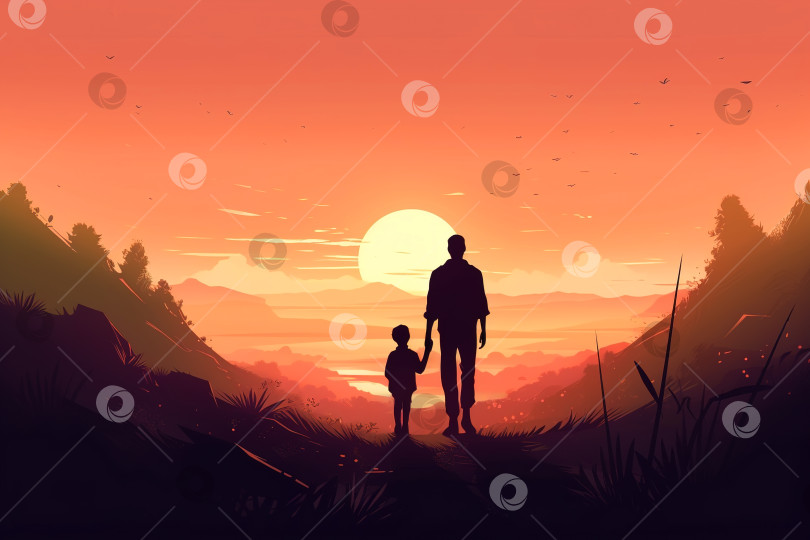 Скачать Силуэт отца и сына, держащихся за руки, стоящих на холме на фоне заходящего солнца, отцовство. День отца, образование, совместный семейный отдых. Порождающий искусственный интеллект фотосток Ozero