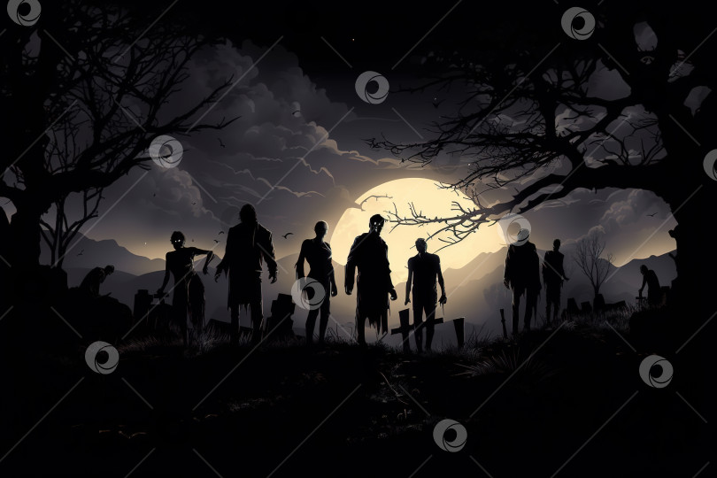 Скачать Ужас, восстание мертвецов, концепция иллюстрации к Хэллоуину. Силуэты зомби, страшные ходячие мертвецы в лесу на кладбище на фоне луны. Порождающий искусственный интеллект фотосток Ozero