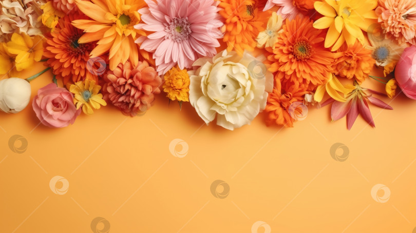 Скачать Праздничный цветочный фон с копировальным пространством, красочный букет красивых разноцветных цветов на желтом фоне сверху. Порождающий искусственный интеллект фотосток Ozero