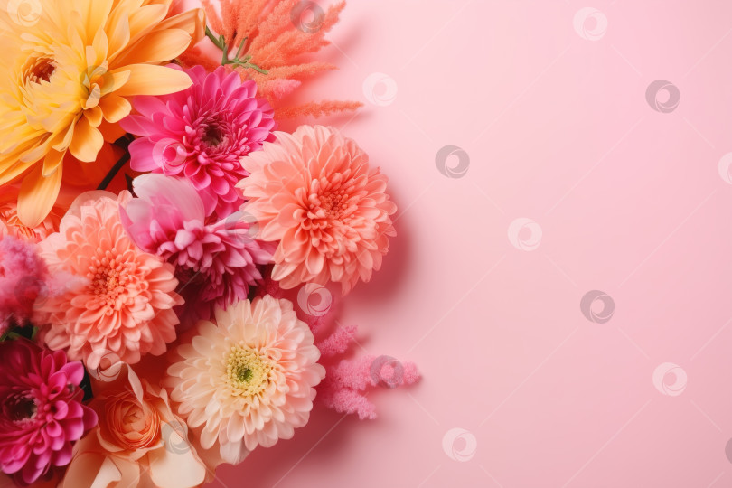 Скачать Красивые цветы на пастельно-розовом фоне, праздничный цветочный фон с пространством для копирования. Порождающий искусственный интеллект фотосток Ozero