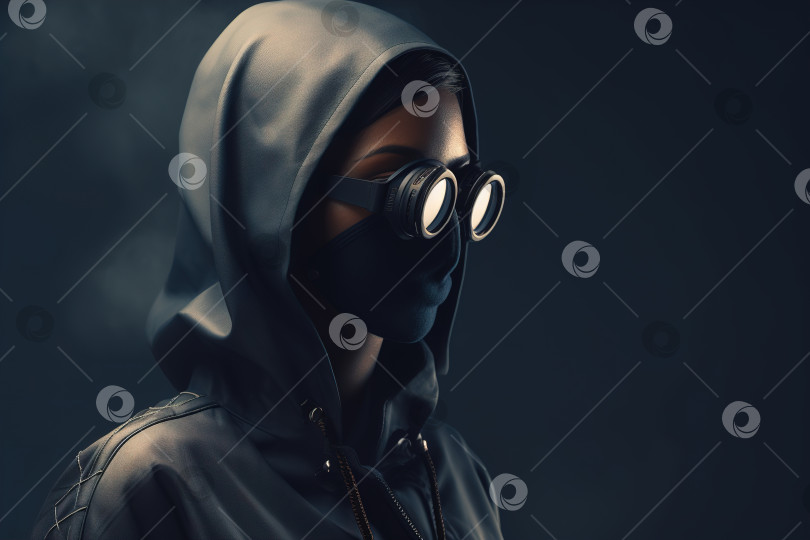Скачать Портрет чернокожей стильной женщины-фотомодели в очках, маске для лица и в куртке с капюшоном на темном фоне. Современная креативная концепция женской моды в постапокалиптическом стиле. Порождающий искусственный интеллект фотосток Ozero