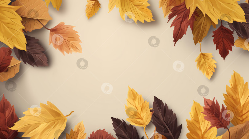 Скачать Разноцветные опавшие осенние листья на светлом фоне, рамка с пространством для копирования. Иллюстрация генеративного искусственного интеллекта фотосток Ozero