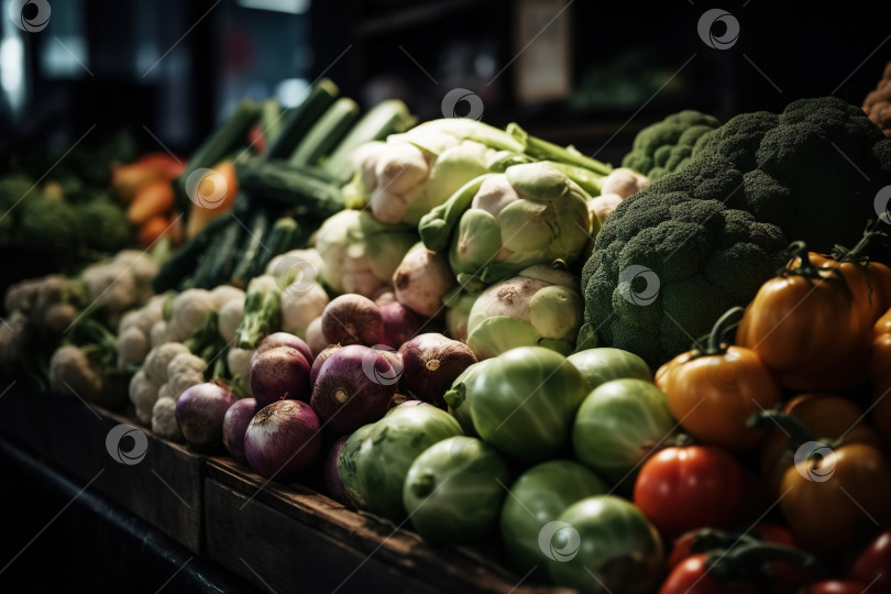 Скачать Свежие фермерские овощи на прилавке уличного рынка. Порождающий искусственный интеллект фотосток Ozero