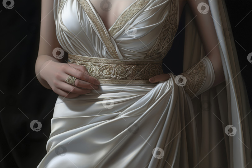 Скачать Женская мода древности. Крупный план элегантной женщины в красивом белом платье с украшениями. Порождающий искусственный интеллект фотосток Ozero