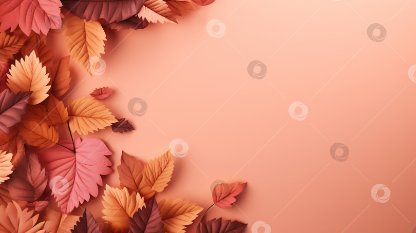Скачать Разноцветные осенние листья на розовом пастельном фоне с пространством для копирования. Иллюстрация генеративного искусственного интеллекта фотосток Ozero