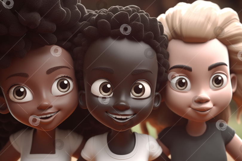 Скачать Многонациональный портрет веселых девушек, подружившихся вместе, расовое разнообразие. Мультяшная иллюстрация генеративного искусственного интеллекта фотосток Ozero