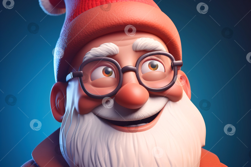 Скачать Портрет улыбающегося позитивного Деда Мороза в очках и красной шапочке, бородатого седовласого дедушки с веселым выражением лица, смотрящего вверх. Объемная новогодняя забавная иллюстрация каракулями, генеративный искусственный интеллект фотосток Ozero