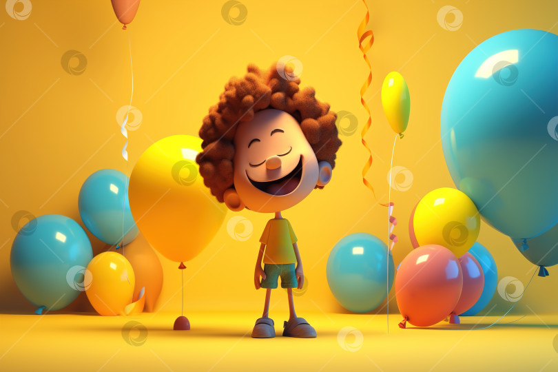 Скачать Забавный кавказский кудрявый мальчик празднует день рождения, милый счастливый ребенок на празднике. Объемная иллюстрация генеративного искусственного интеллекта фотосток Ozero