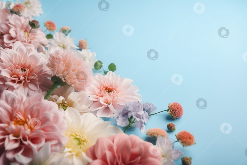 Скачать Весеннее время, букет красивых разноцветных свежих цветов на голубом фоне. Порождающий искусственный интеллект фотосток Ozero