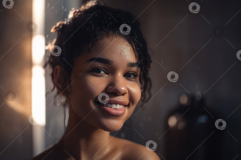 Скачать Симпатичная чернокожая молодая женщина в душе. Портрет улыбающейся мокрой афроамериканки в ванной, смотрящей в камеру. Порождающий искусственный интеллект фотосток Ozero