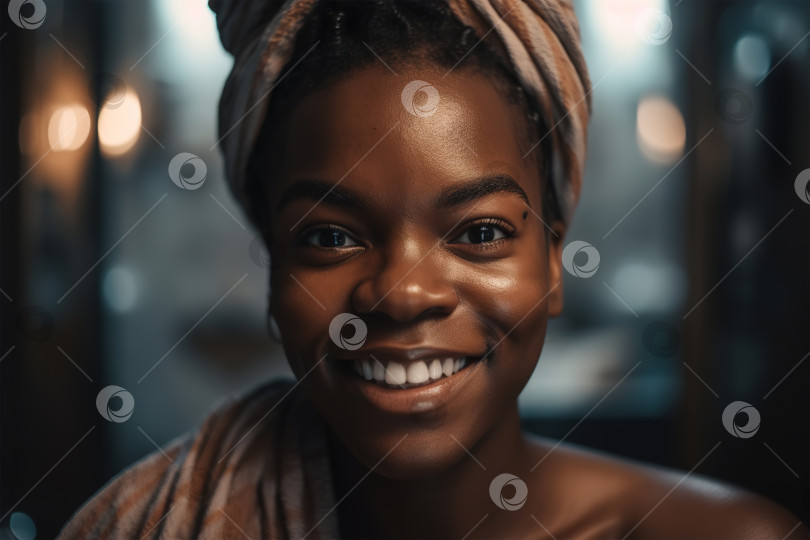 Скачать Счастливая чернокожая женщина с полотенцем на голове в ванной. Портрет улыбающейся мокрой афроамериканки после душа, смотрящей в камеру, гигиена ухода за собой. Порождающий искусственный интеллект фотосток Ozero