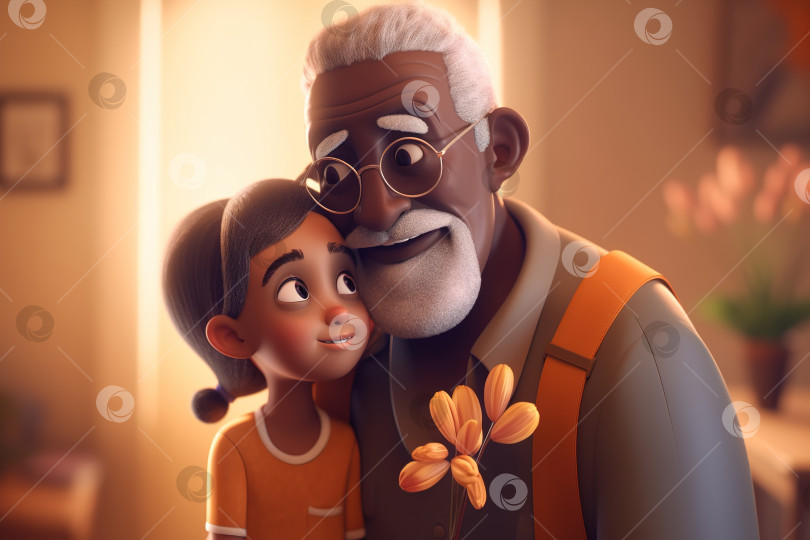 Скачать Портрет чернокожего дедушки и внучки, обнимающихся вместе, улыбающегося старика с цветами и милой маленькой девочки. Счастливая семья афроамериканцев в помещении. Объемная иллюстрация генеративного искусственного интеллекта фотосток Ozero