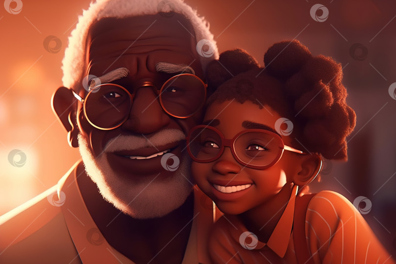 Скачать Портрет обнимающихся чернокожих дедушки и внучки, улыбающихся седовласого старика и ребенка. Счастливая семья афроамериканцев. Объемная иллюстрация генеративного искусственного интеллекта фотосток Ozero