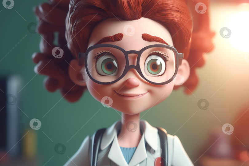 Скачать Портрет женщины-врача, довольно забавной улыбающейся рыжеволосой женщины-профессионала в очках и в белом халате в клинике. Концепция фармакологии и медицины. Объемная иллюстрация генеративного искусственного интеллекта фотосток Ozero