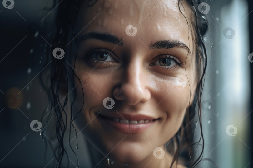 Скачать Портрет симпатичной счастливой молодой кавказской женщины в ванной после душа, смотрящей в камеру. Мокрое лицо и волосы улыбающейся женщины крупным планом, генеративный искусственный интеллект фотосток Ozero