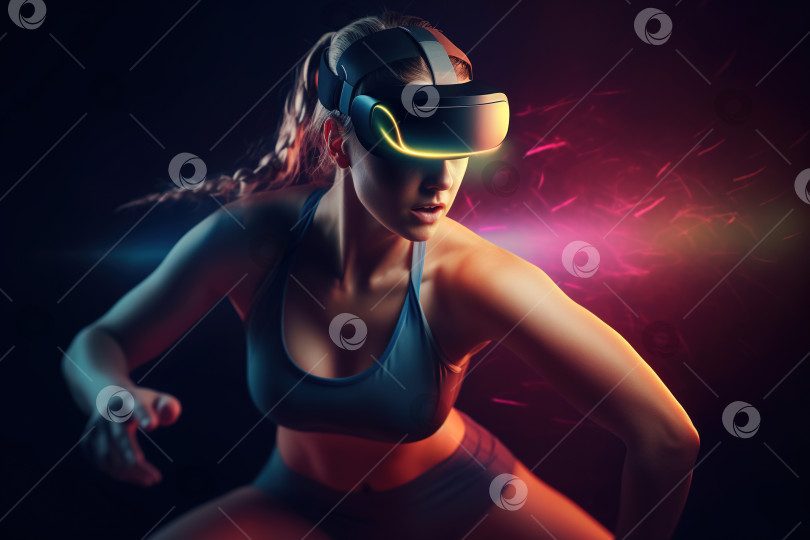 Скачать Сексуальная стройная спортивная женщина тренируется в очках виртуальной реальности. Фантастическая иллюстрация кавказской спортсменки, тренирующейся в шлеме виртуальной реальности, спорт будущего. Порождающий искусственный интеллект фотосток Ozero