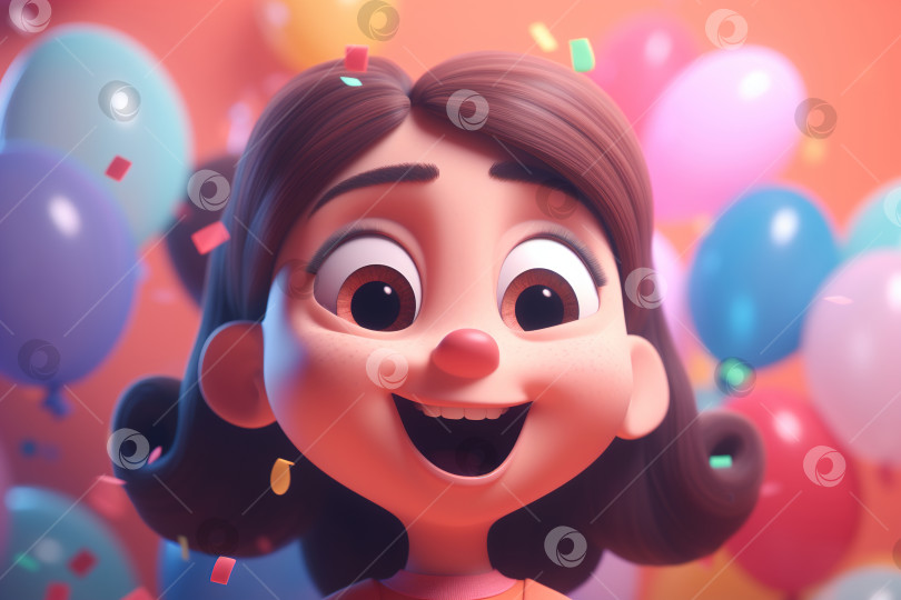 Скачать Забавная счастливая кавказская девушка на празднике, милый улыбающийся ребенок на фоне воздушных шаров, день рождения. Объемная иллюстрация генеративного искусственного интеллекта фотосток Ozero
